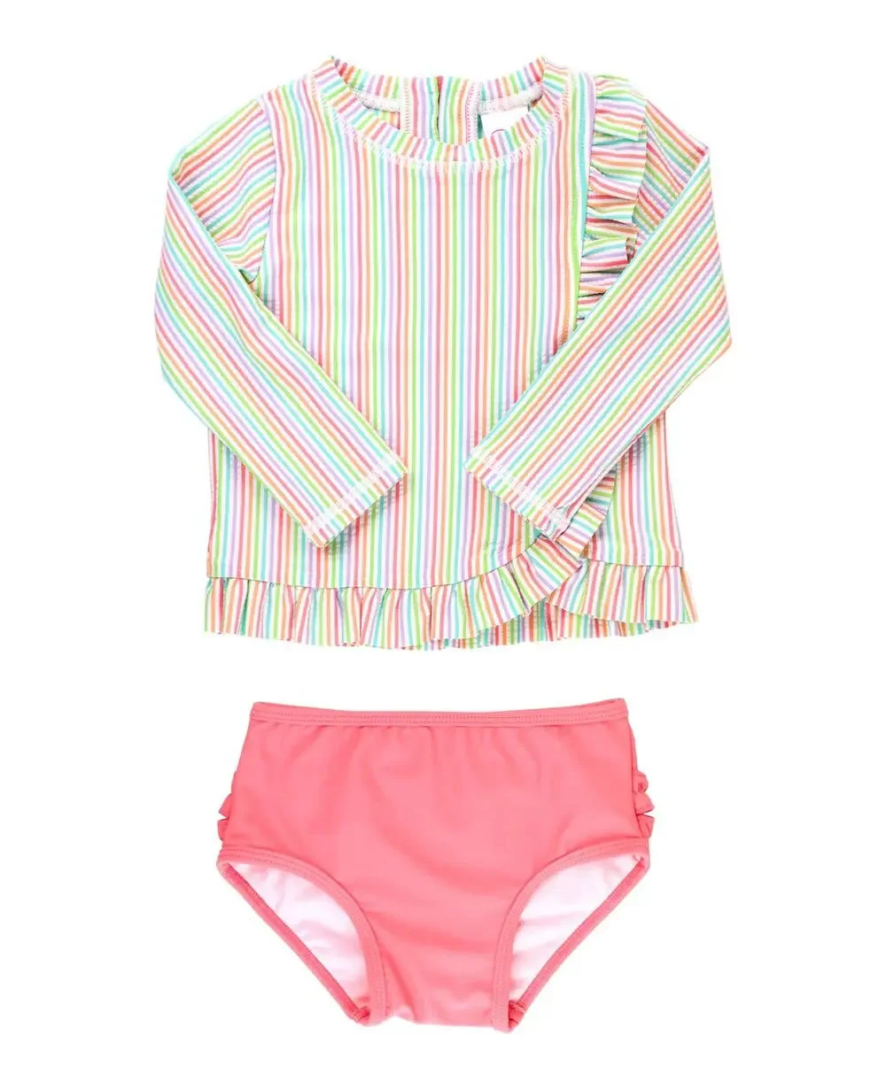 Ruffle Butts Pink Multicolor Striped Ruffle Trim Long Sleeve Rashguard Swimsuit